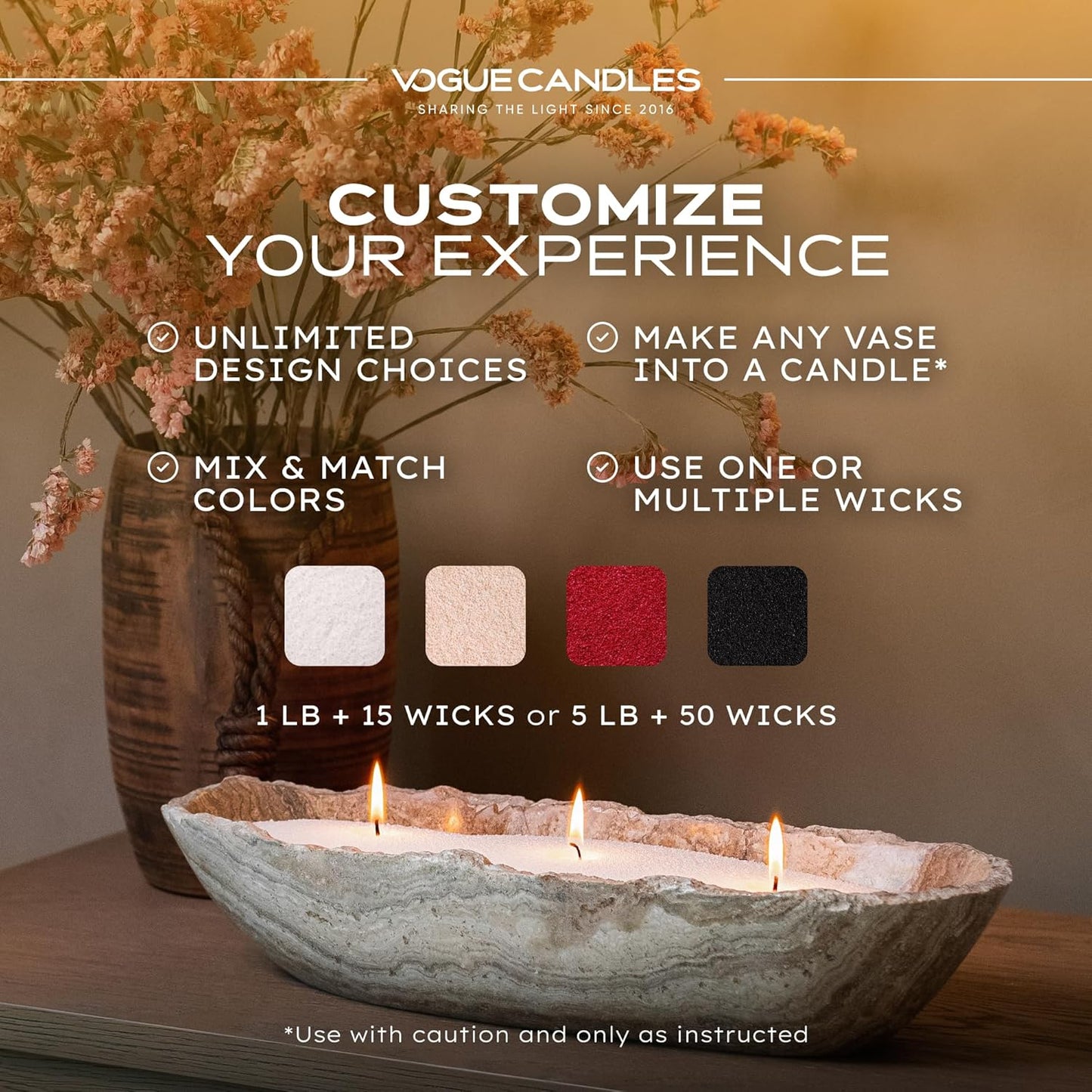 Vogue Candles 1LB Candle Sand with 15 Wicks | Plant-Based Refillable Wax Granules for DIY Candle Making | Clean Burning, Unscented, Smoke-Free, Vegan Candle Refill Kit- Black