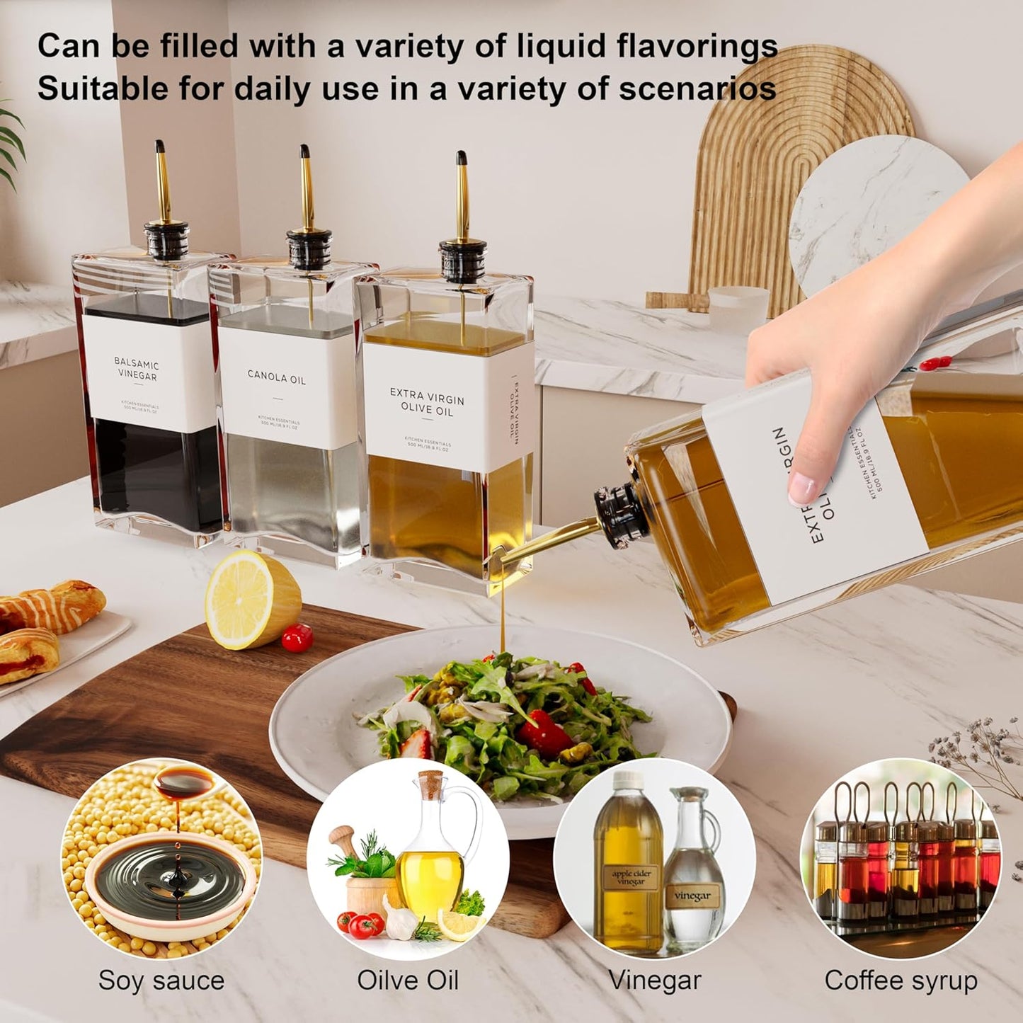 Olive Oil Dispenser for Kitchen, 16.9 oz/ 500 ml Olive Oil Dispenser Bottle, Glass Oil Bottles for Kitchen with 8 Stainless Steel Pourers, 40 Labels, 4 Pcs, Gold