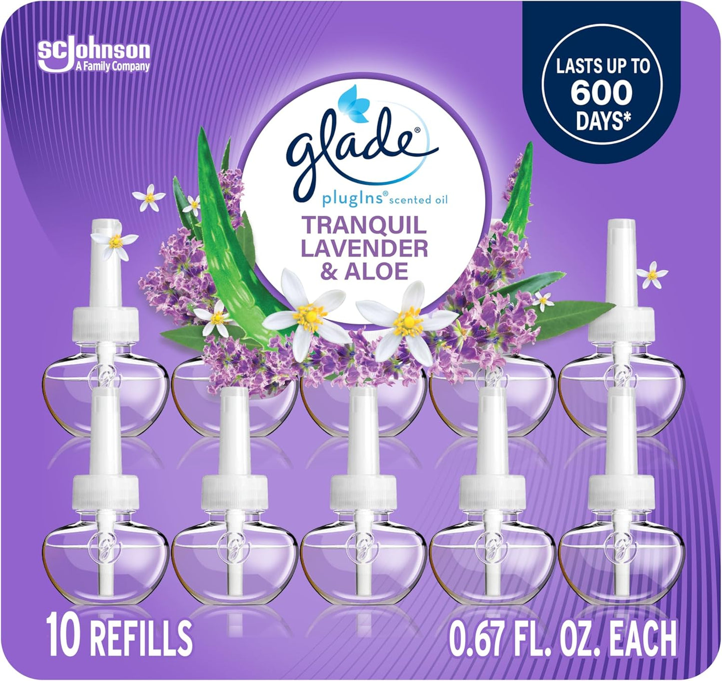 Glade PlugIns Refills Air Freshener, Tranquil Lavender & Aloe, Scented and Essential Oils for Home and Bathroom, 0.67 Fl Oz, 10 Count