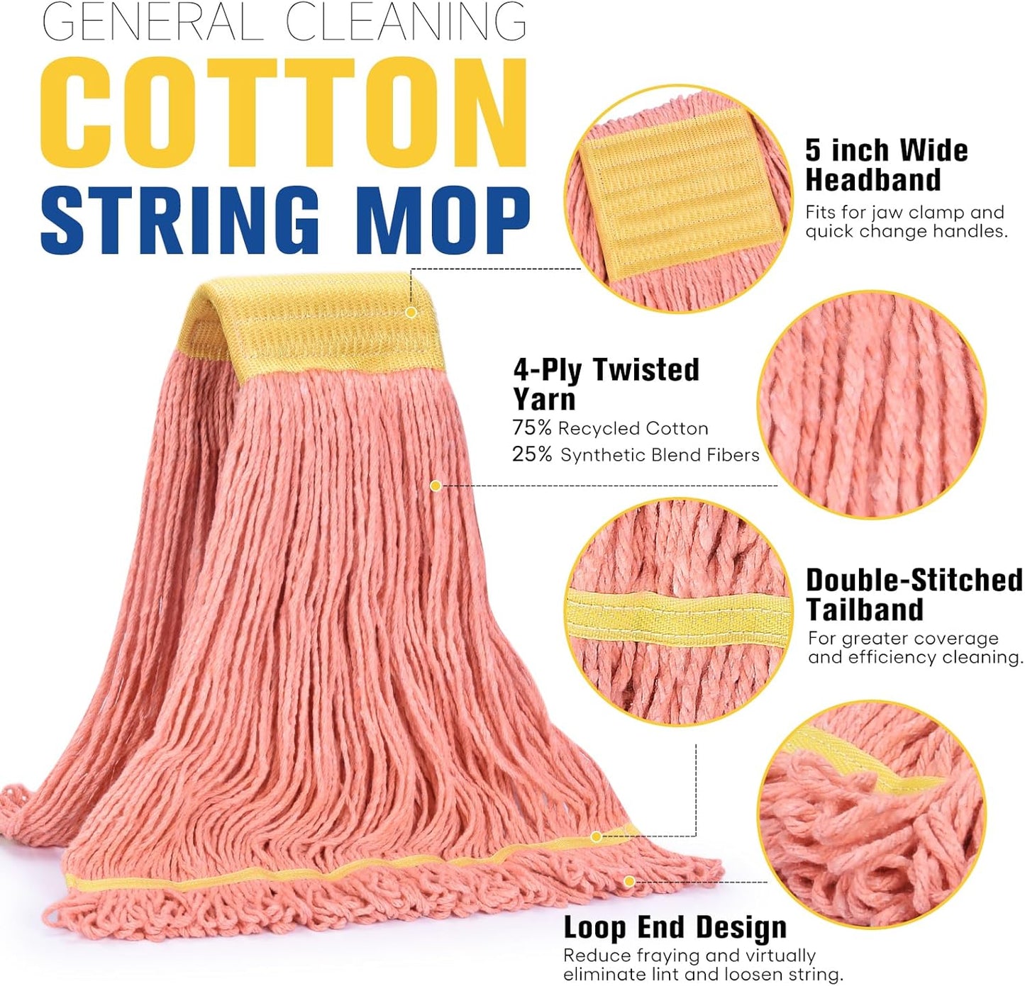 Matthew Cleaning Commercial Mop Head Replacement, 5 Inch Wide Headband, Looped End Cotton Blend String Wet Mops for Floor Cleaning, 18 oz Medium, 1-Pack Orange