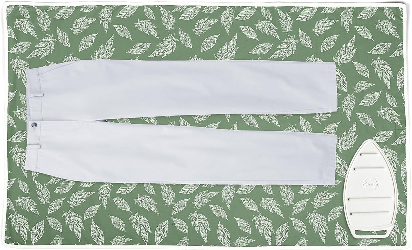 Encasa XO Ironing Mat/Pad (Large 48"x28") with 3mm Padding & Silicone Iron Rest for Steam Pressing on Tabletop or Bed - Heat Resistant, Portable, Quilting & Travel Blanket - Big Leaves Green