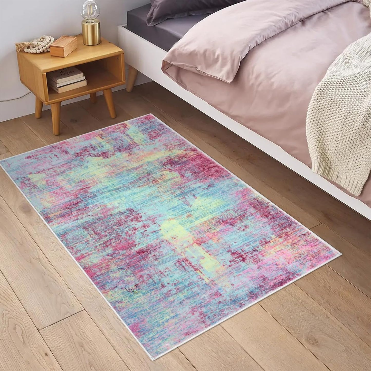 IOHOUZE Small Abstract Area Rug 2x3 Ft Entryway Rugs Washable Door Mat Indoor Entrance, Rubber Backed Throw Rugs, Printed Faux Wool Non Slip Floor Carpet for Foyer Front Door Sink, Pink Teal