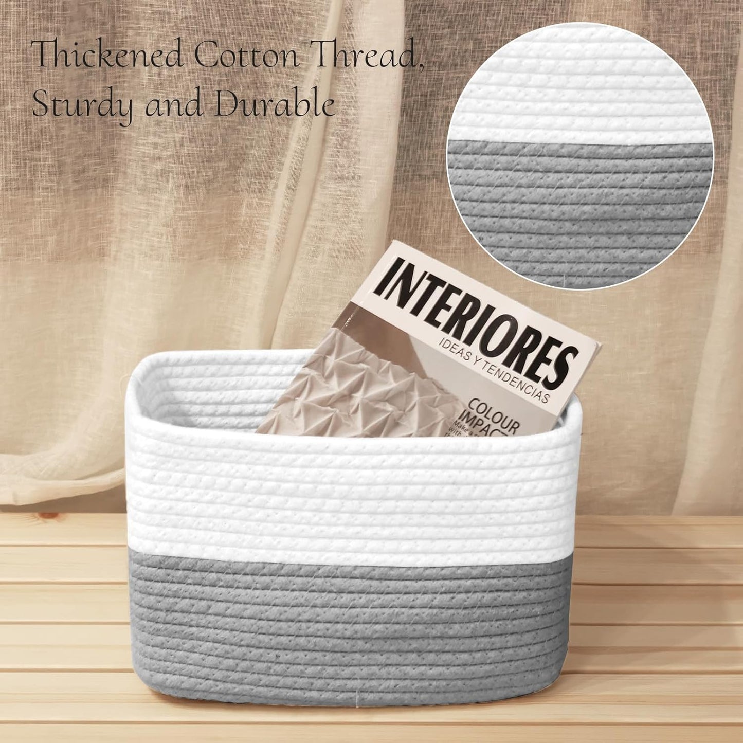 Hopegiver Woven Storage Baskets 11x8x7 Inch, 3 Pack Collapsible Cube Storage Bin for Shelves - Foldable Cotton Rope Organizer Bins for Towels, Toys, Books, Closet, Nursery (White Gray)