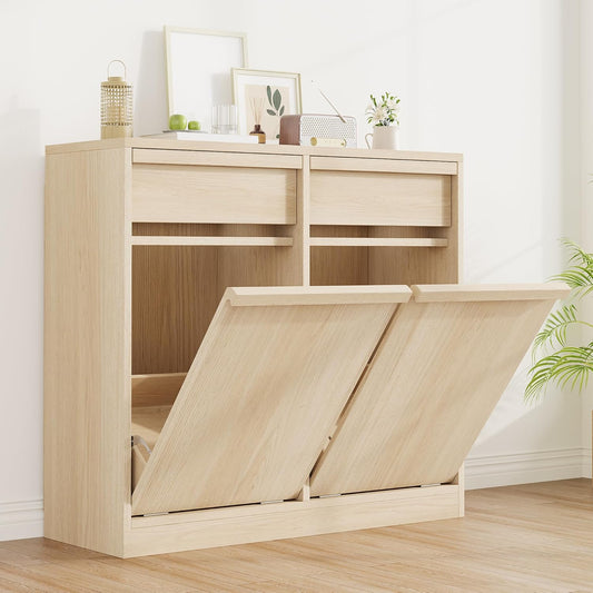 Double Tilt Out Trash Cabinet, Natural Wood Hidden Garbage Can Cabinet for 2 x 10 Gallon Bins, Modern Pet-Proof Trash Cabinets for Kitchen, Dining, Living Room Storage