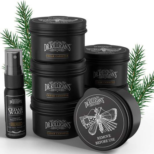Dr. Killigan's Cedarwood Chip Canisters - Moth Repellent for Closets, Cedar Blocks for Clothes Storage, Drawer Deodorizers, 6 Reusable Tins with Wood Shavings