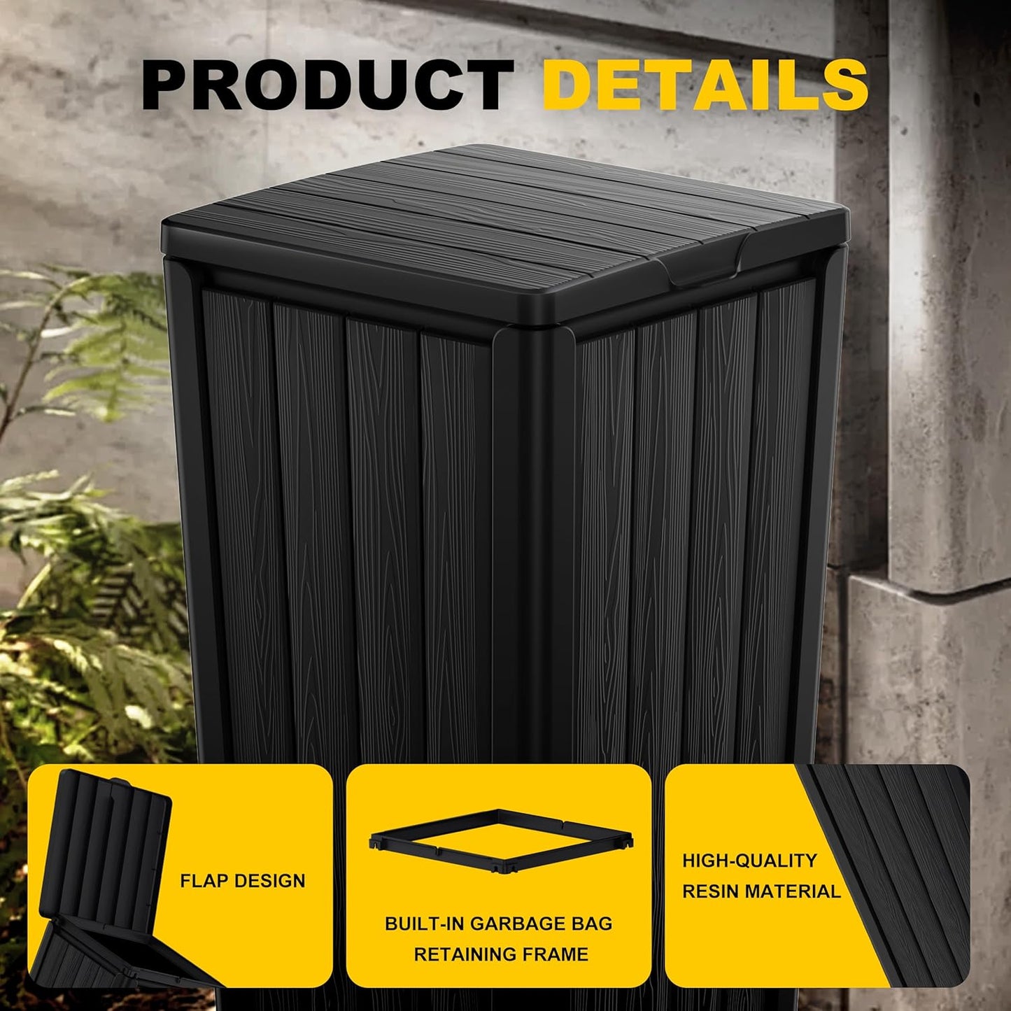 EasyUp Outdoor Trash Can with Lid, Waterproof and Sunscreen Resin Garbage Cans, Outside Trash Bin for Patio, Kitchen, Deck or Backyard(Black)