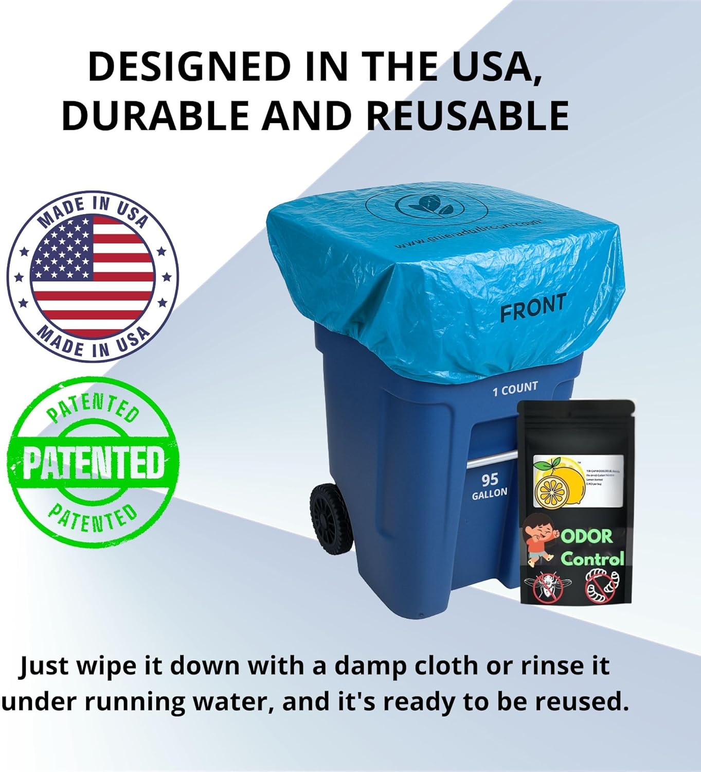 | Odor Eliminating Trash Can Cover for 95 Gallon Outdoor Bins | Lemon Scented with Elastic Band | Eliminates Trash Odor Naturally | 1 Durable Cover