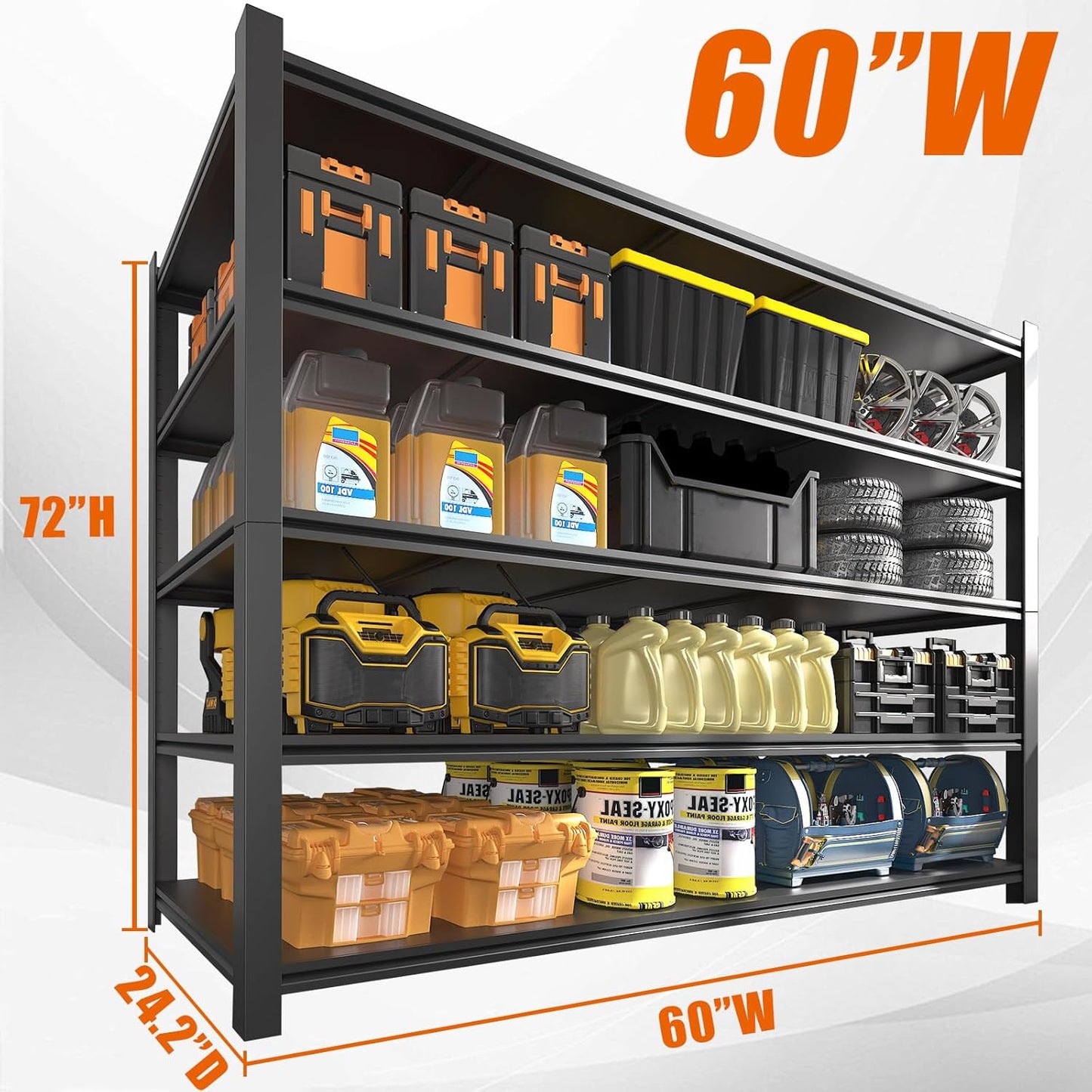 60"W Garage Shelving Heavy Duty Metal Shelving 3000LBS Storage Shelves Adjustable 5 Tier Metal Shelves for Storage Industrial Shelves for Garage, Warehouse, 24.2" D x 60'' W x 72'' H, 2 Packs