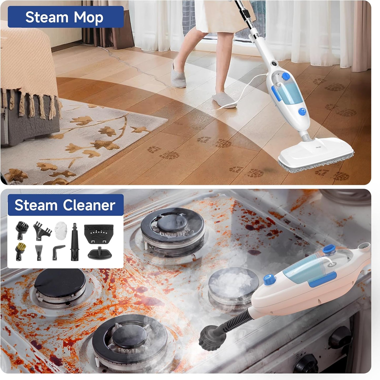 Steam Mop for Floor Cleaning, 10in1 Multi Purpose Handheld Steamer Cleaner Detachable for Vinyl, Laminate, Carpet, Tile Hard Floor Grout w/ 2 pad, 23ft Cord, 15oz Tank, Adjustable Steam & Height