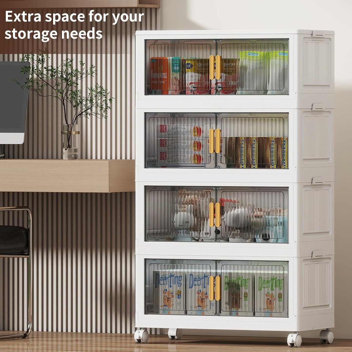 80Gal Stackable Plastic Storage Bins with Lids, Collapsible Closet Organizers and Storage with Wheels for Living Room,Office,Dorm 26.8" W x 14.4" D x 48.6" H, 4 Tier