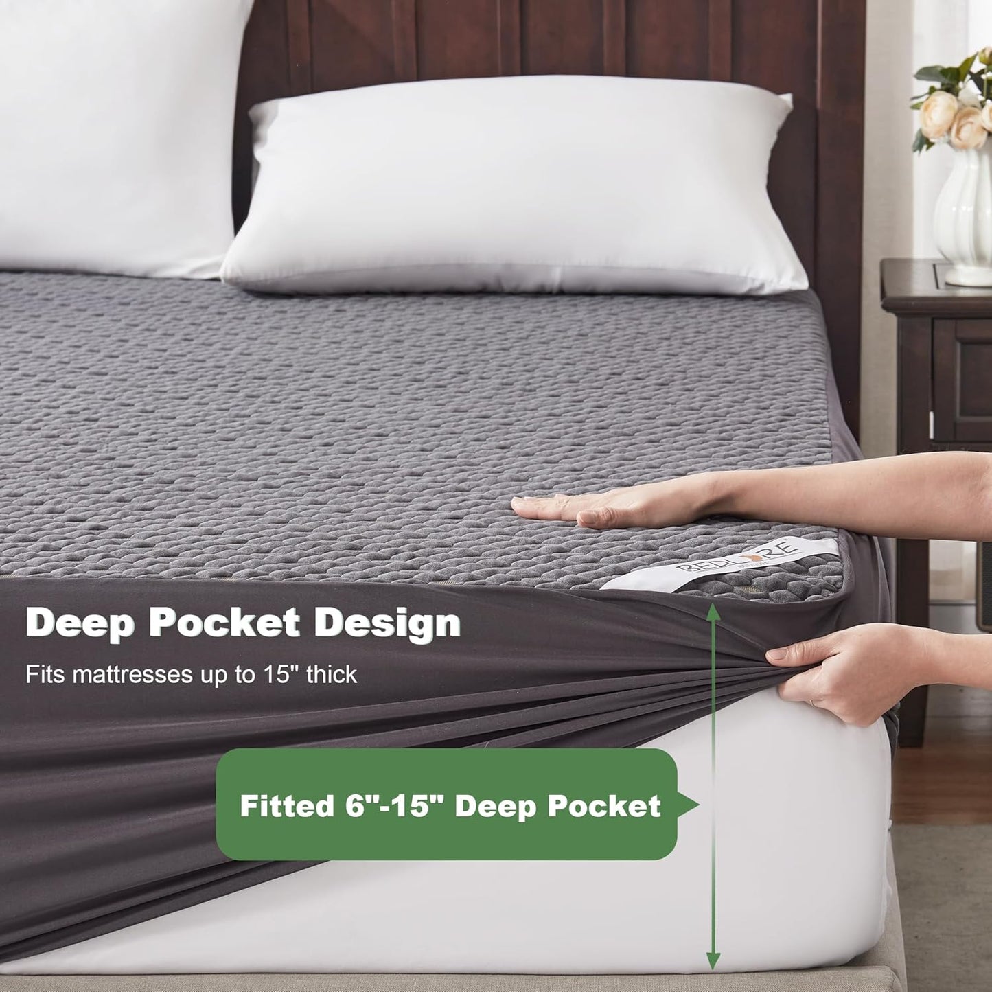 Waterproof Mattress Protector, Twin Size Mattress Pad Fitted 6"-15" Deep Pocket, 3D Air Fabric Soft Breathable Bed Mattress Cover Noiseless Washable (Carbon Gray)