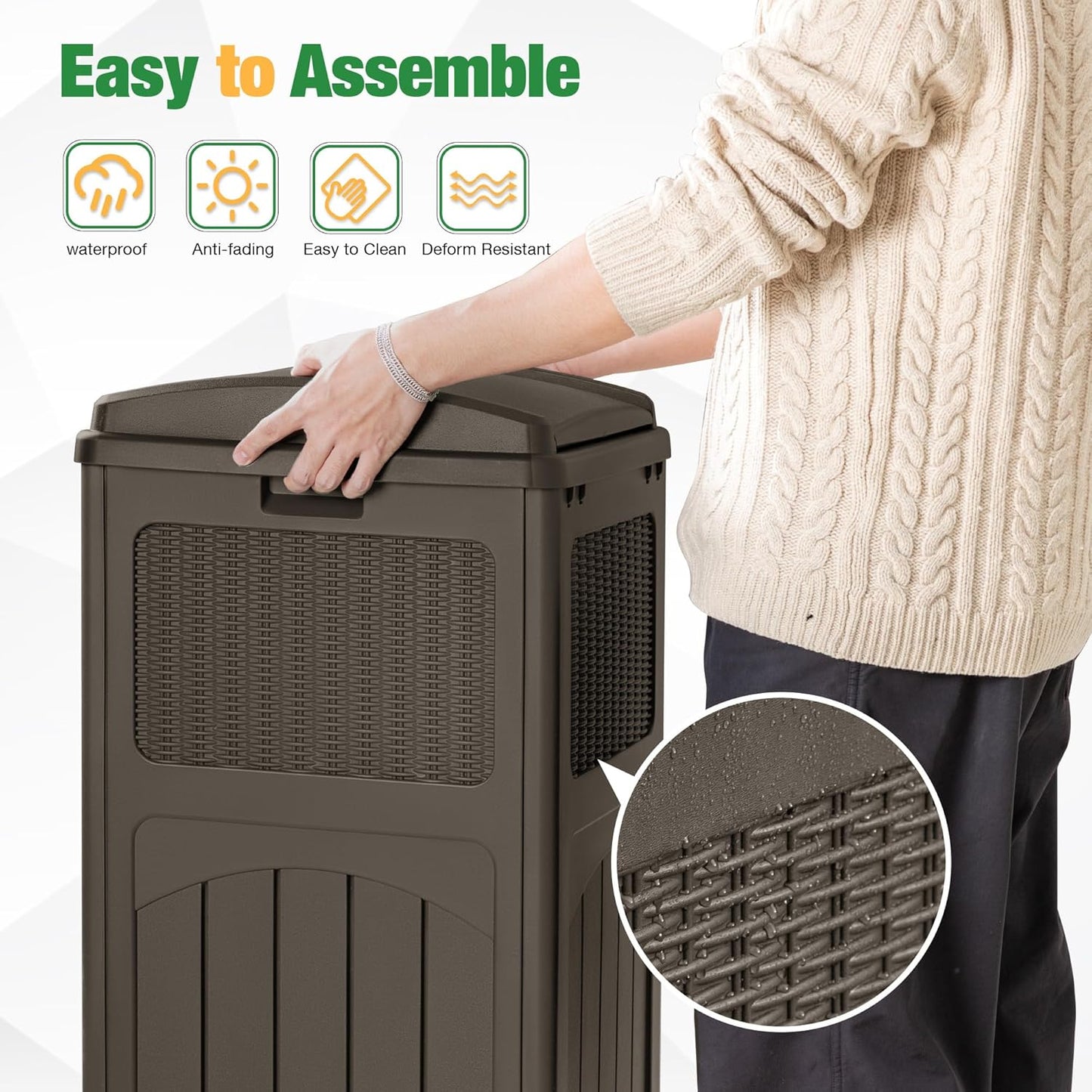 Flamaker 30 Gallon Trash Can, Resin Outdoor Garbage Can with Lid, Waterproof Hideaway Patio Waste Bins for Outside Use (2 Pack, Deep Brown)