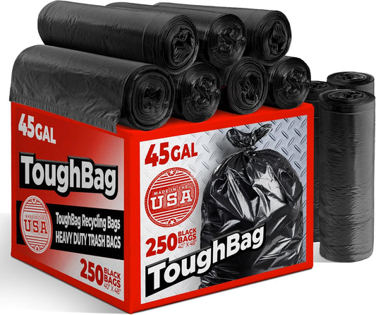 ToughBag 40-45 Gallon Trash Bags Heavy Duty (250 Count) | Black Garbage Bags | Made In USA