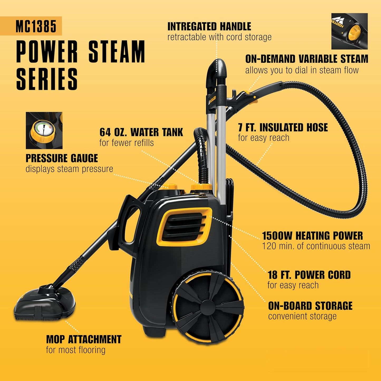McCulloch MC1385 Deluxe Canister Steam Cleaner, 2-Hour Runtime, Chemical-Free, 23 Accessories: Mop Head, Brushes & More - Built for Home, Tile, Carpet, Furniture, & Personal Car Detailing