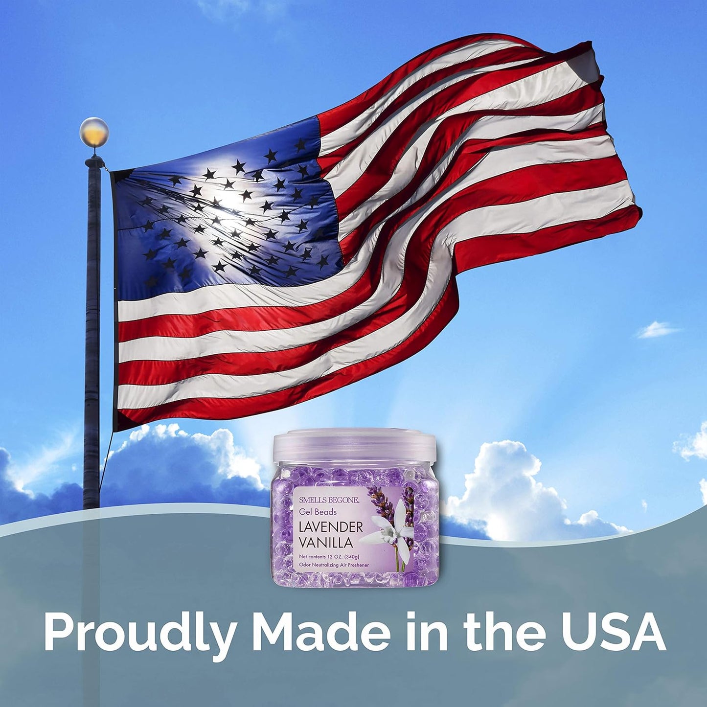 SMELLS BEGONE Odor Eliminator Gel Beads - 12 oz, Pack of 6 - Eliminates Odor in Bathrooms, Cars, Boats, RVs & Pet Areas - Air Freshener - Made with Essential Oils - Lavender Vanilla Scent