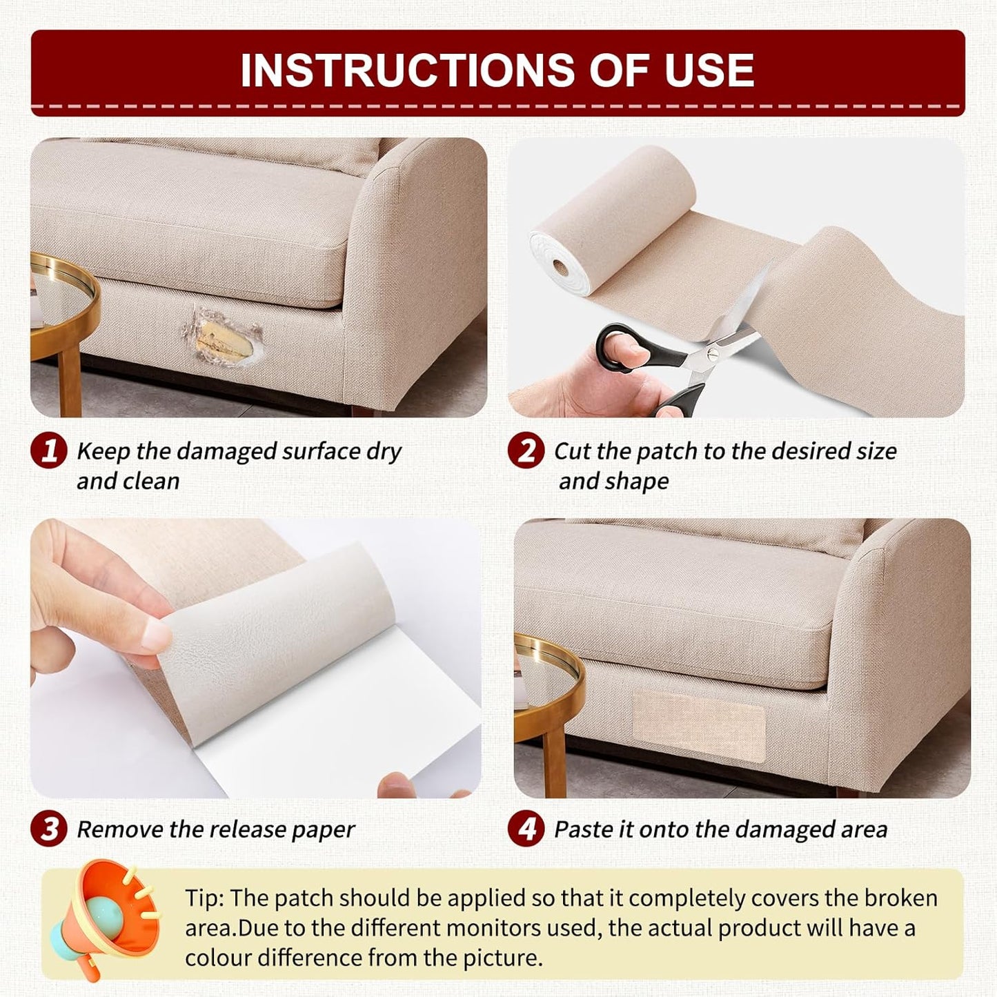 Linen Repair Tape 16x90 inch, Self Adhesive Fabric Patches, Linen Patch Tape Kit, Fabric Repair Tape for Couch Sofas, Headboards, Chairs, Pillows, Curtains, Couches - Light Grey