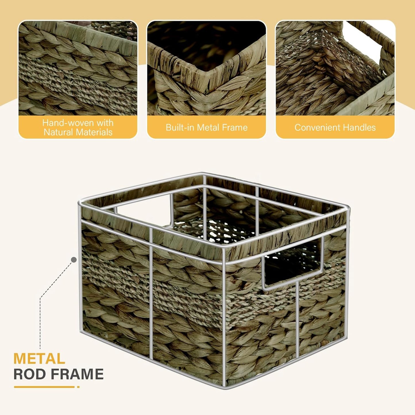 Water Hyacinth Wicker Basket, Decorative Woven Baskets with Built-in Handles, Hand-woven Storage Organizer for Organizing Pantry, Shelves, Livingroom, Bedroom, Toilet(2-PACK, Sage Green)