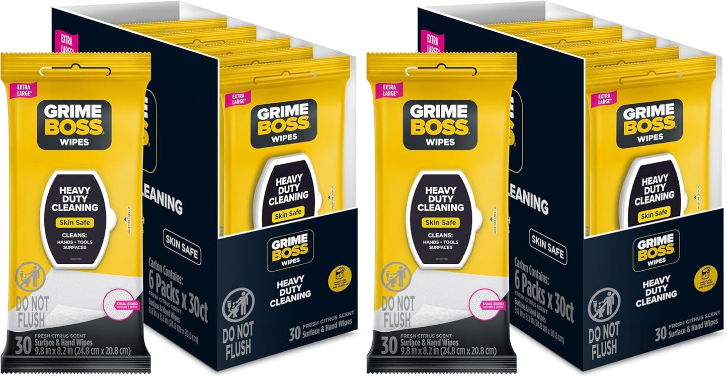 Grime Boss Heavy Duty Wipes (6 x 30ct) | Wet Wipes Used for Hands, Equipment, Tools, Garden, Automotive| Easily Removes Oil, Grease, & Dirt (Pack of 12)