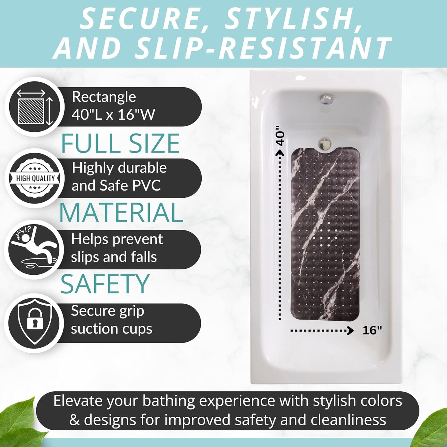 ENKOSI Bath Mat – Large 40 x 16 Inch Non-Slip Bathtub Mat with Secure Anti-Slip Suction Cups & Drain Holes – Extra Long Bathroom Shower Mat for Tub with Black Marble Design (Black Marble 40x16)