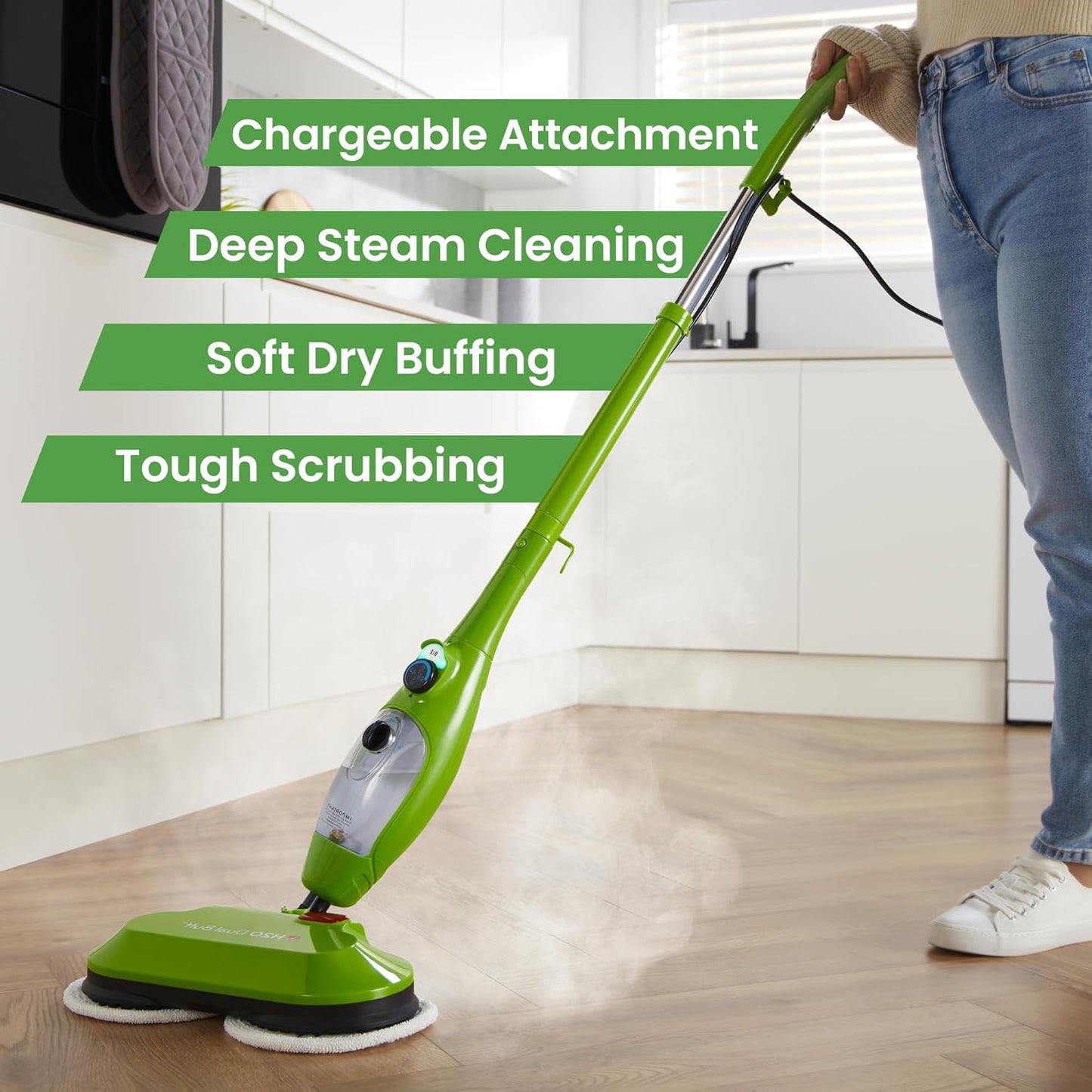 H2O X5 Dual Buff Steam Mop, 8 in 1 Handheld Steam Cleaner For Kitchen Tile Floors, Hardwood Floors, Grout Cleaner, Upholstery Cleaner and Carpets, 2 washable scrub pads, 11 cleaning accessories