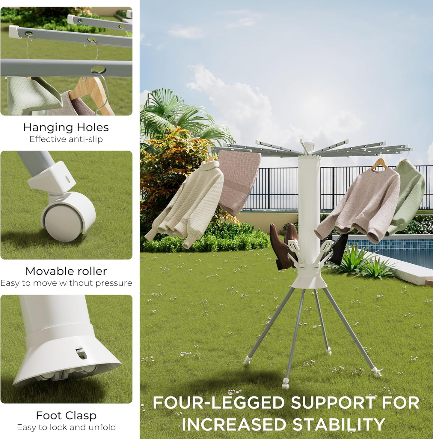 Clothes Drying Rack Foldable, Portable 4-Legged Laundry Drying Racks, Shoe Dryer Rack, Outdoor Collapsible Drying Rack Clothing with 4 Pulleys and Anti-Slip Holes, Aluminum Indoor Dry Rack