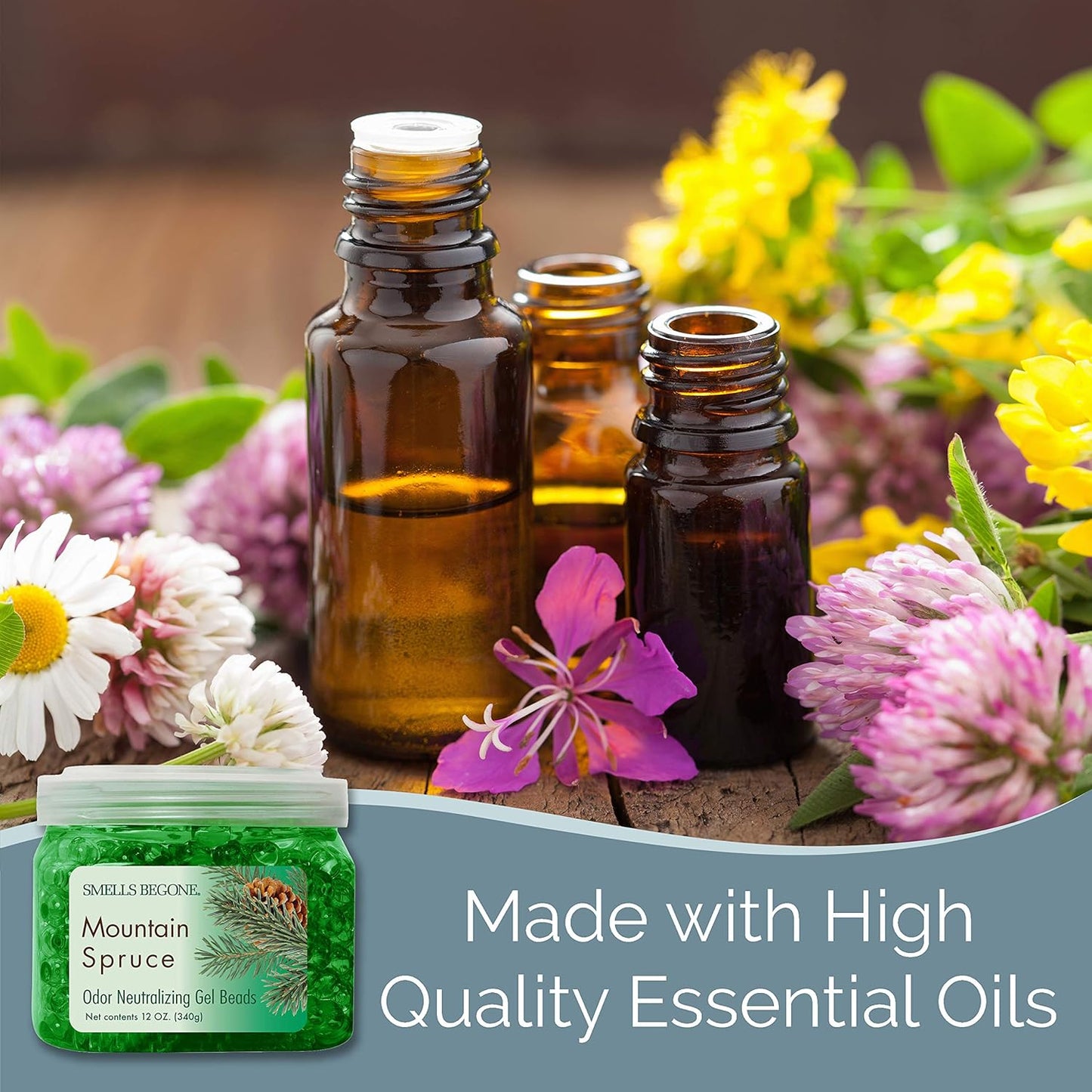 SMELLS BEGONE Odor Eliminator Gel Beads - Air Freshener - Made with Essential Oils - Eliminates Odors in Pet Areas, Bathrooms, Boats, RVs & Cars - Mountain Spruce Scent - 12 Ounce - 2 Pack