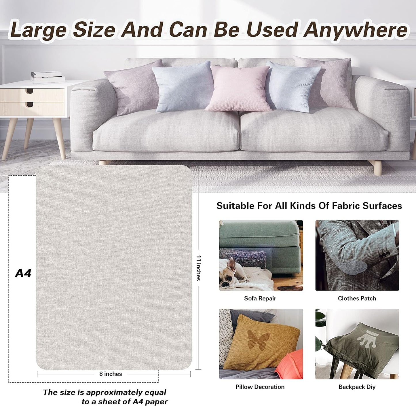 KING MOUNTAIN Fine Linen Repair Patches, Self-Adhesive Linen Fabric Patches, 8X11 inch Extra Size, Multi Color, Can be Used for Linen Sofa Repair and Linen Clothes Repair(Beige,8" x 11")