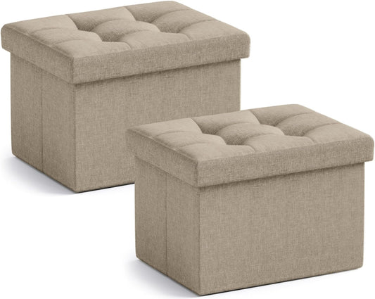 Ornavo Home Small Storage Ottoman, Set of 2, Foldable Collapsible Rectangle Linen Ottoman Foot Rest Stool Seat, for Living Room, Bedroom, Home Office, Dorm - 12 x 16 x 12, Taupe