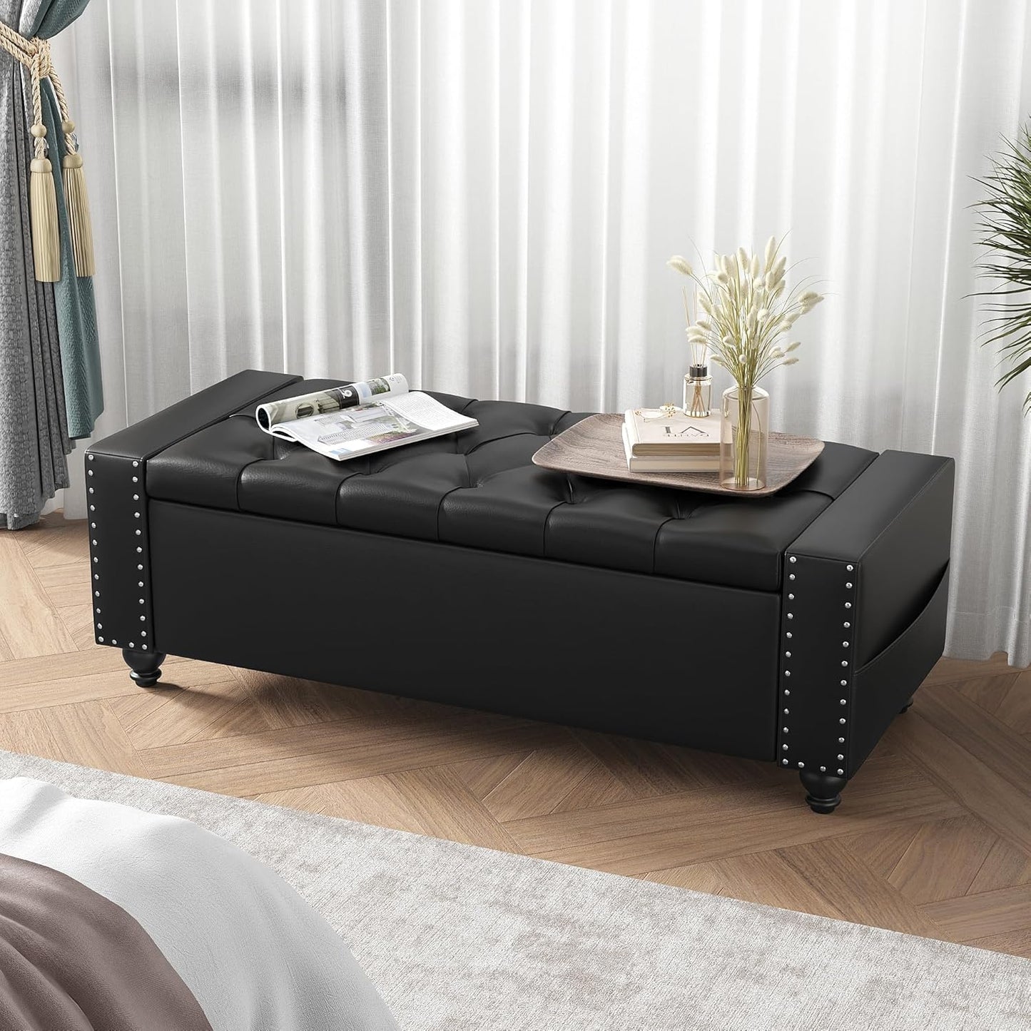 Maupvit Storage Ottoman Bench, 49 Inch Bedroom Bench, Upholstered Ottoman with Storage, Entryway Bench with Tufted Button, Faux Leather Window Bench for Bedroom, Living Room, Entryway, Hallway, Black