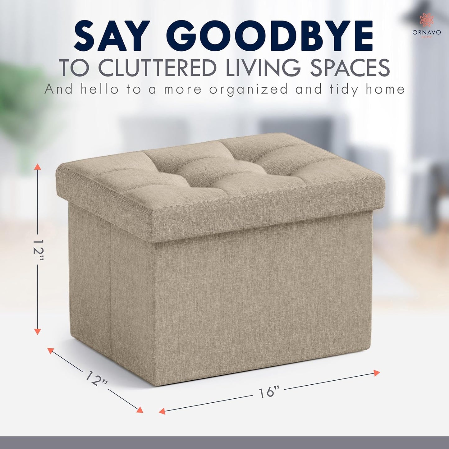 Ornavo Home Small Storage Ottoman Foldable Collapsible Rectangle Linen Ottoman Foot Rest Stool Seat, for Living Room, Bedroom, Home Office, Dorm - 12 x 16 x 12, Taupe