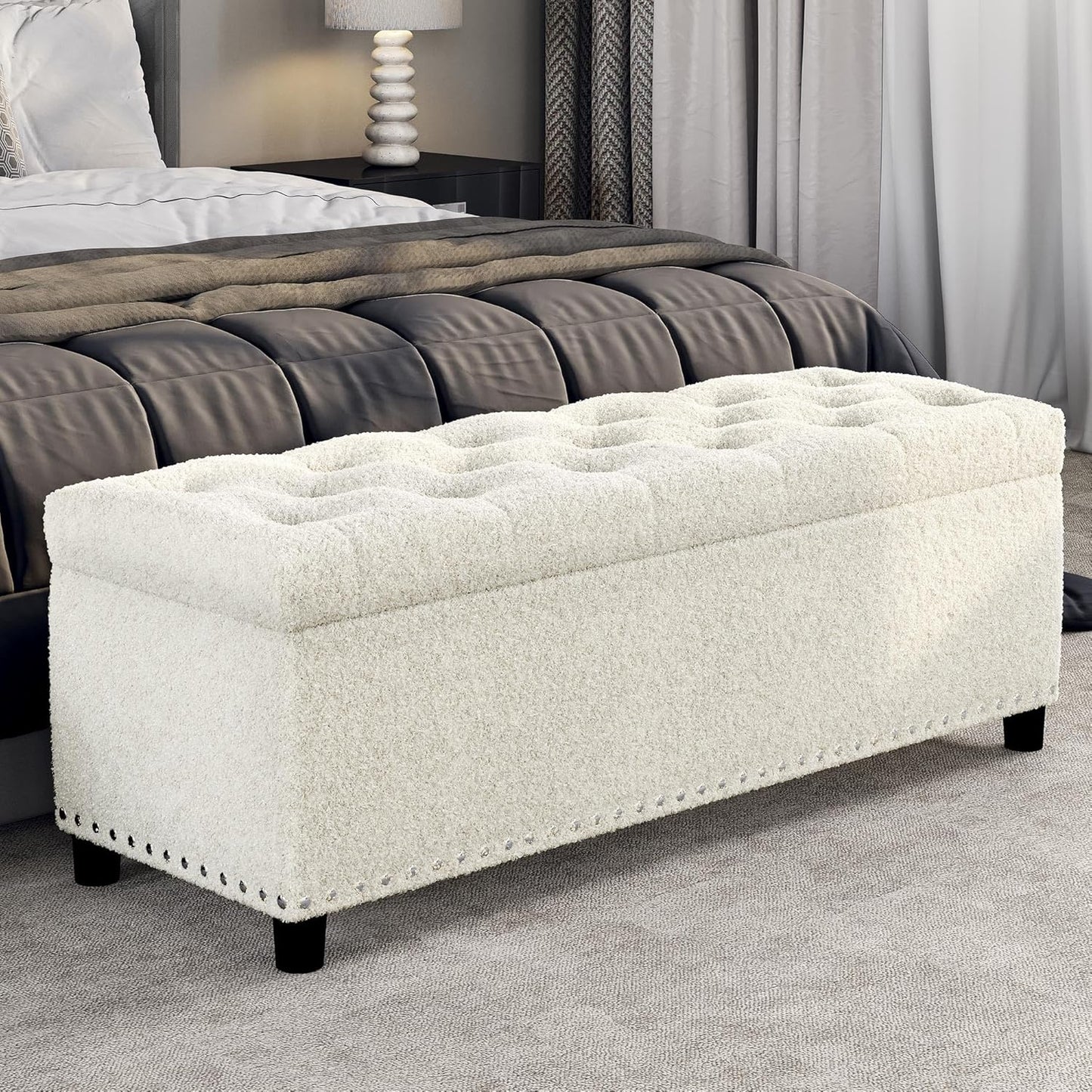 BELLEZE 47" Storage Ottoman, Storage Bench with Safety Close Hinge, Linen Button-Tufted Ottoman for Living Room, Entryway, Hallway, Foot Rest, Support 300lbs - White
