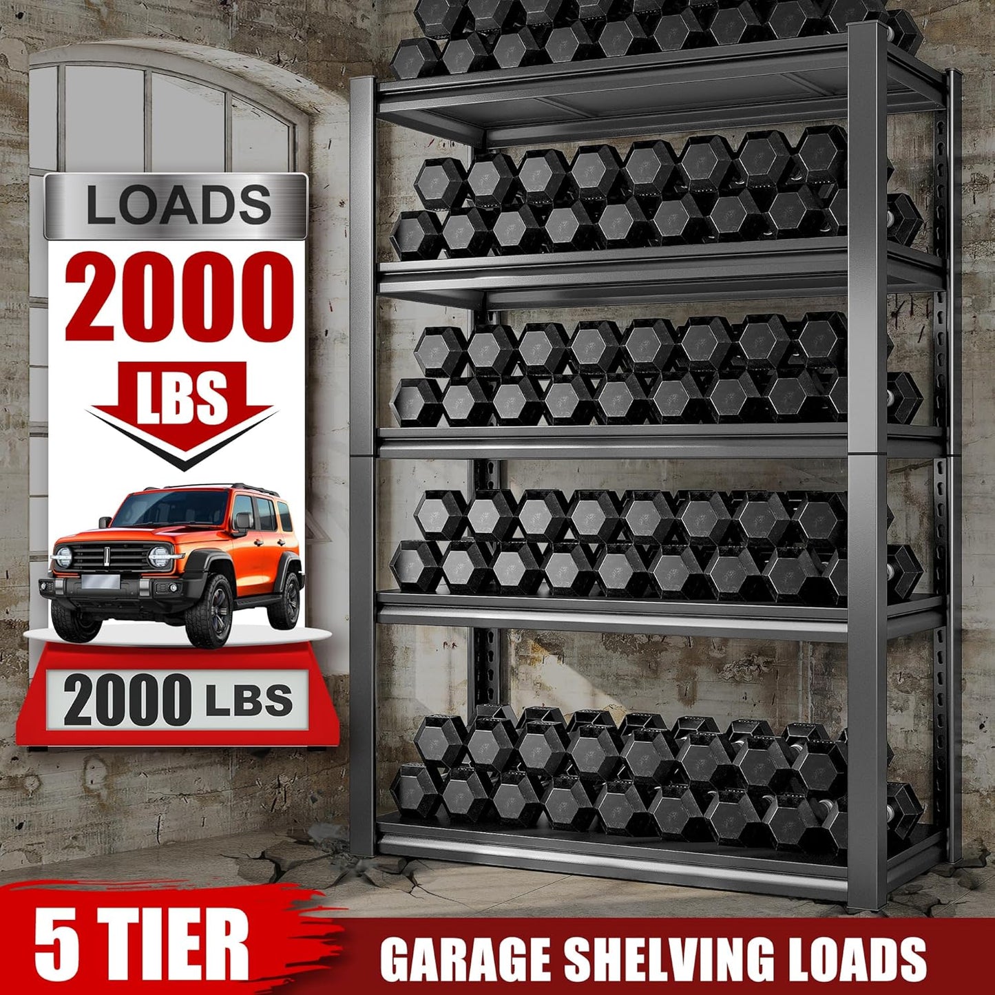Raybee Storage Shelves 2000LBS Garage Shelving Heavy Duty, 5-Tier Adjustable Garage Shelves, Metal Shelving for Garage, Basement, Warehouse, Pantry, 72" H x 31.5" W x 16.5" D, 2PC, Black