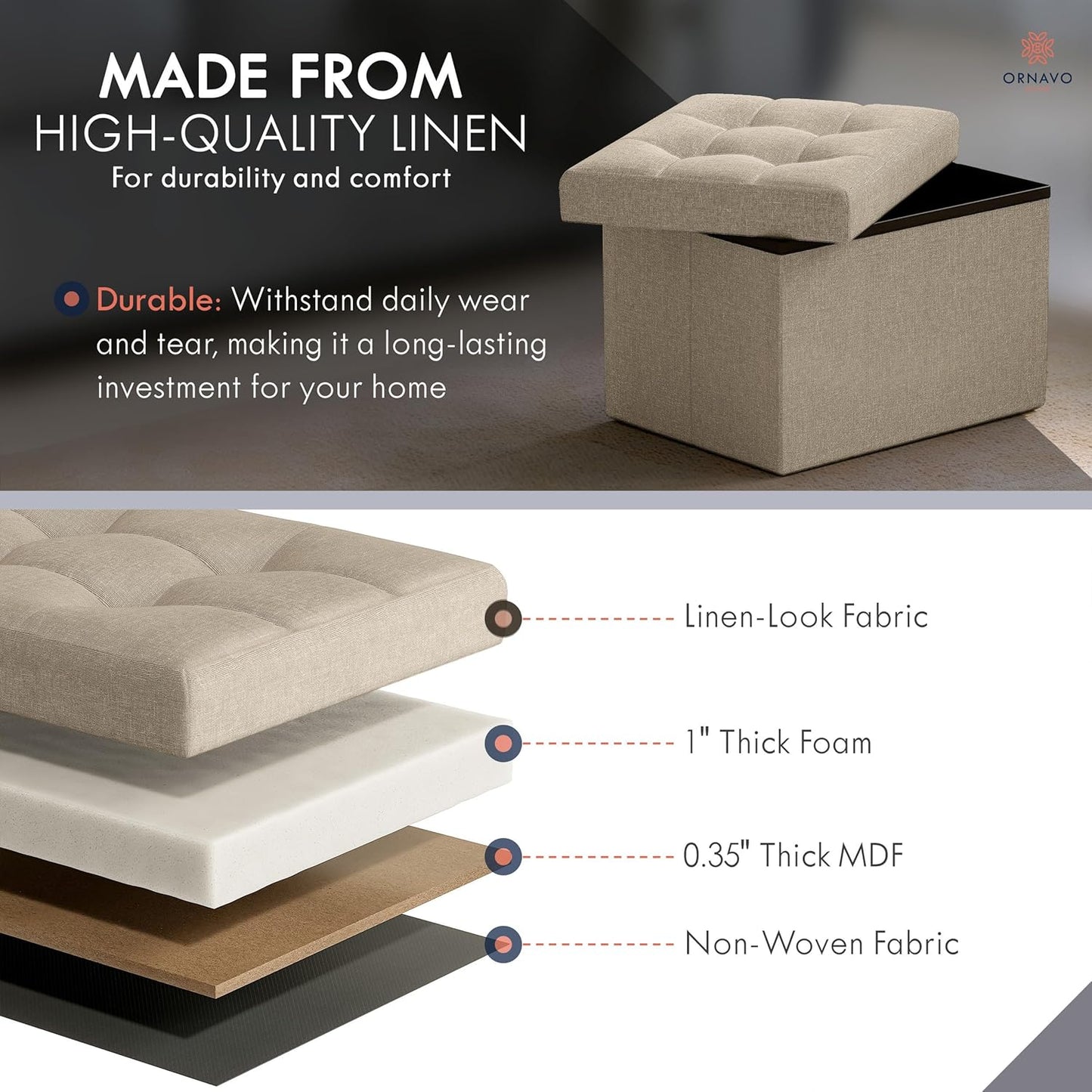 Ornavo Home Small Storage Ottoman, Set of 2, Foldable Collapsible Rectangle Linen Ottoman Foot Rest Stool Seat, for Living Room, Bedroom, Home Office, Dorm - 12 x 16 x 12, Taupe