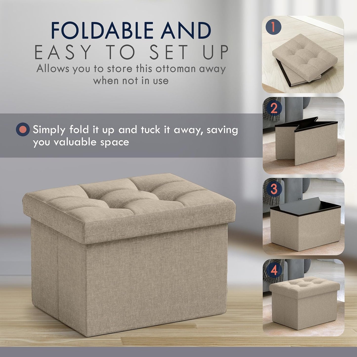 Ornavo Home Small Storage Ottoman Foldable Collapsible Rectangle Linen Ottoman Foot Rest Stool Seat, for Living Room, Bedroom, Home Office, Dorm - 12 x 16 x 12, Taupe