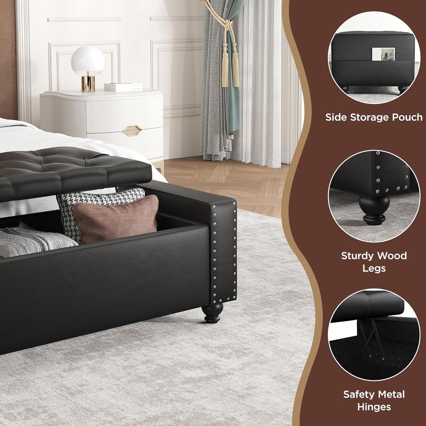 Maupvit Storage Ottoman Bench, 49 Inch Bedroom Bench, Upholstered Ottoman with Storage, Entryway Bench with Tufted Button, Faux Leather Window Bench for Bedroom, Living Room, Entryway, Hallway, Black