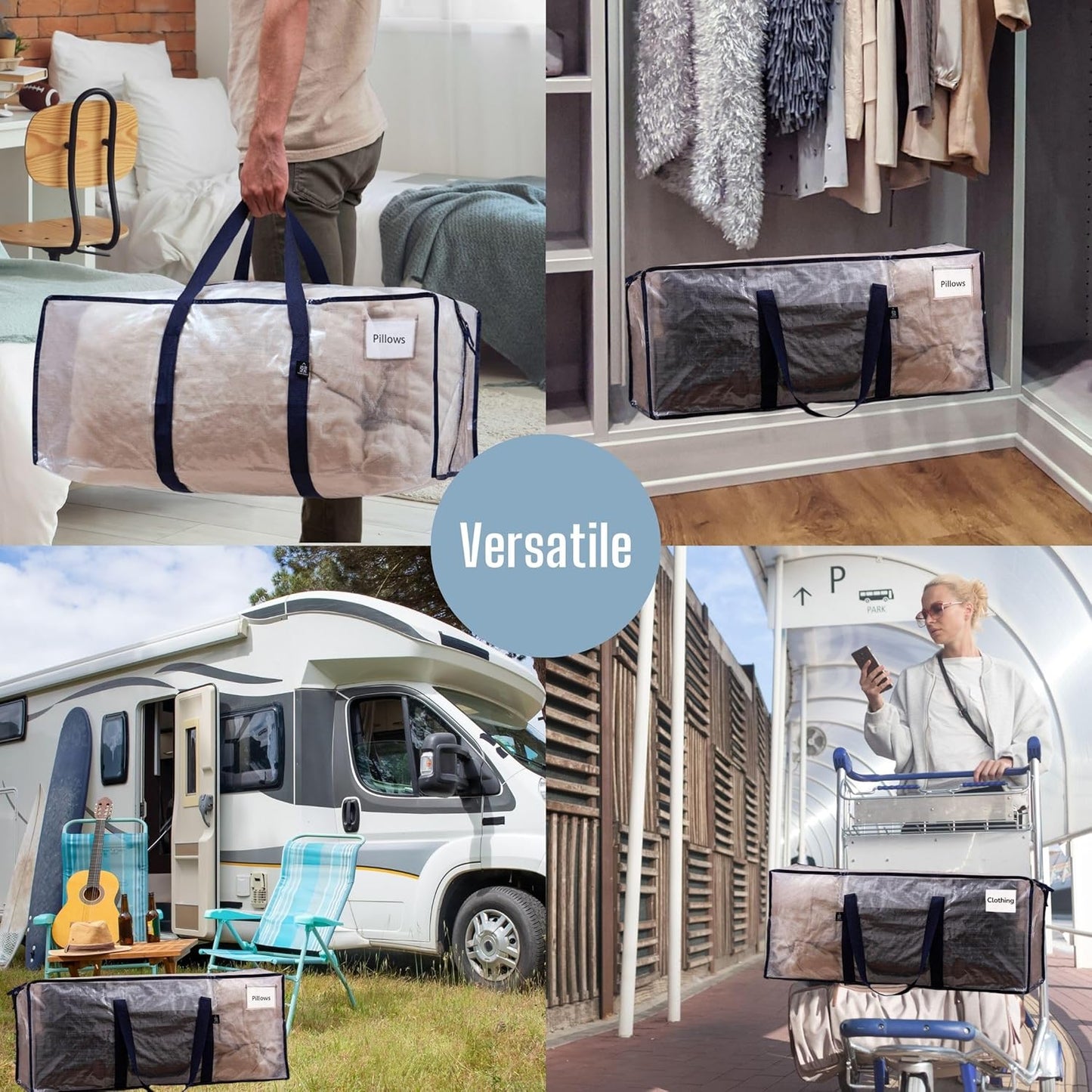 VENO 8 Pack Moving Bags Plastic Storage Totes Clothes Organization Large W Lid/Zipper. Packing Boxes/Bins Alternative. Space Saving Foldable College Supplies Essentials (Clear, 8 Pack)