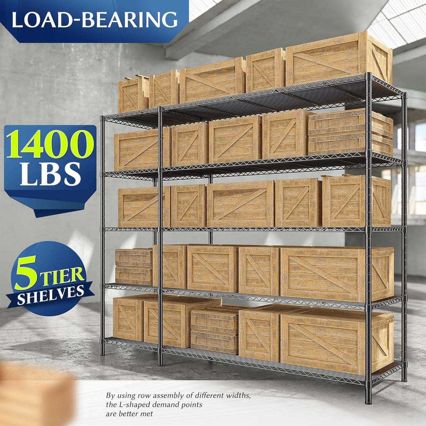 52.36" W Storage Shelves Metal Shelving Unit Load 1400LBS 5 Tier Wire Shelf for Storage Adjustable Garage Shelving Heavy Duty Shelves for Pantry Kitchen Garage, 52.36W x13.78Dx70.8H