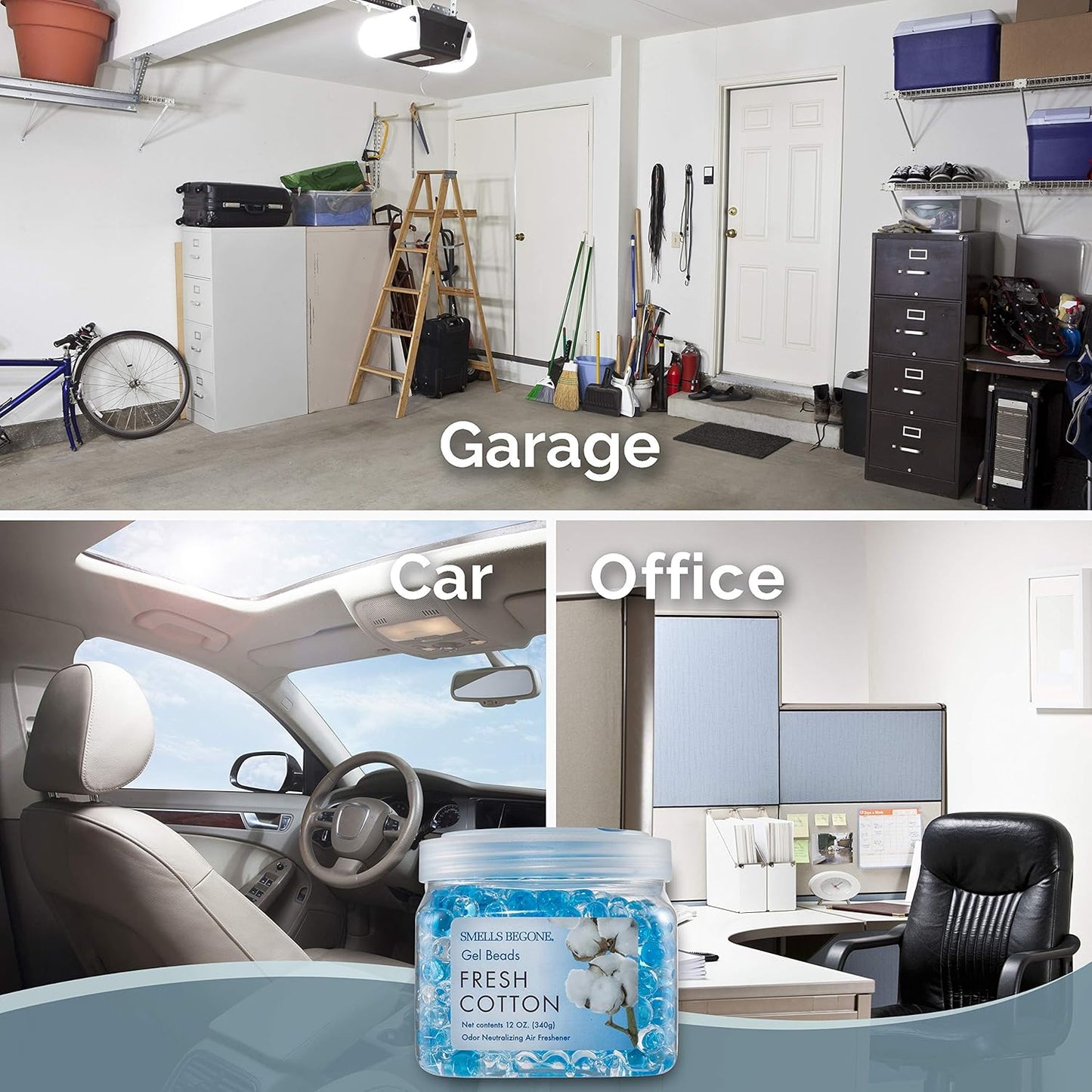 SMELLS BEGONE Odor Eliminator Gel Beads - 12 oz, Pack of 2 - Eliminates Odor in Bathrooms, Cars, Boats, RVs & Pet Areas - Air Freshener - Made with Essential Oils - Fresh Cotton Scent