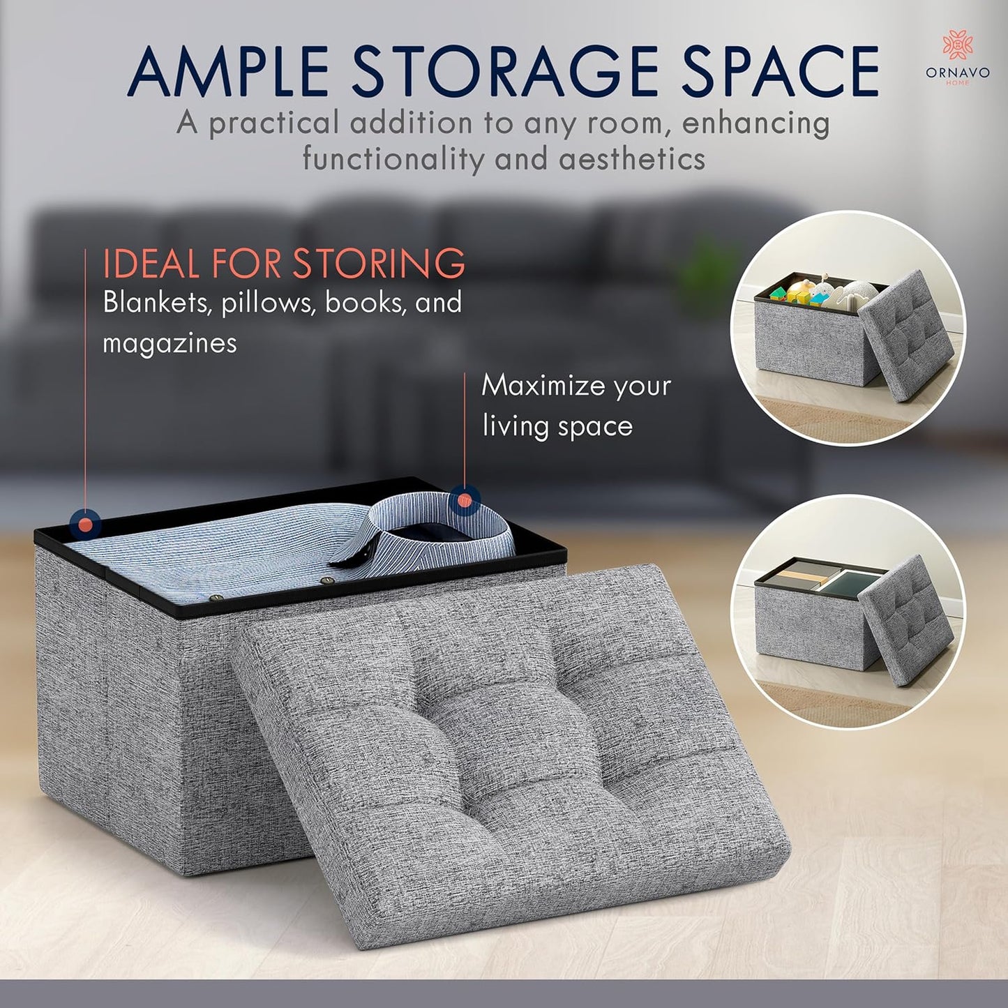 Ornavo Home Small Storage Ottoman, Set of 2, Foldable Collapsible Rectangle Linen Ottoman Foot Rest Stool Seat, for Living Room, Bedroom, Home Office, Dorm - 12 x 16 x 12, Gray