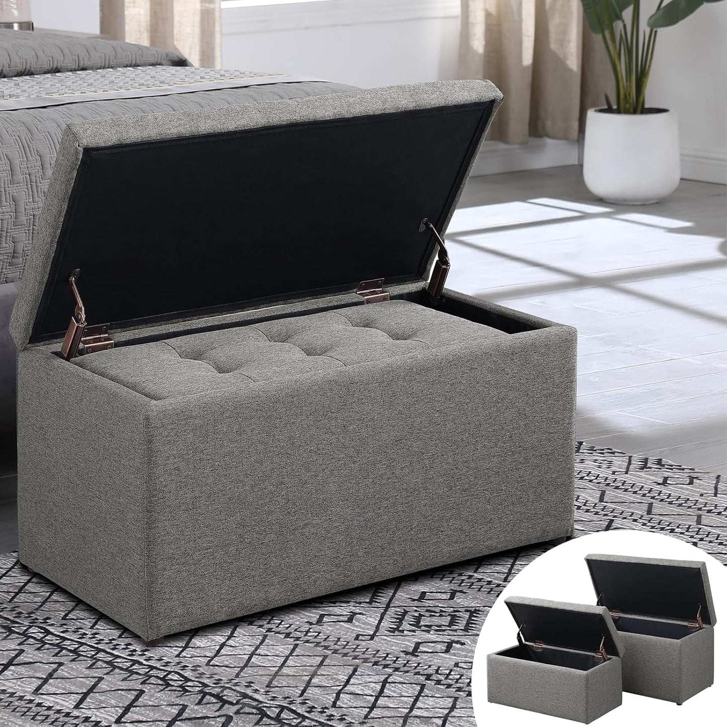 Storage Ottoman Bench with 2.56-inch Thick Seat, 31.5 inch Nesting Ottoman Set of 2, Hinged Flip Top Bench with Storage for Living Room, Bedroom, Light Grey