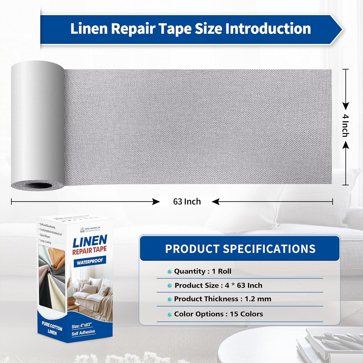 KING MOUNTAIN Linen Repair Patches, Self-Adhesive Fabric Patches, 4 X 63 inch Extra Size, Multi Color, Can be Used for Sofa Repair and Linen Clothes Repair (Light Grey 3.0)