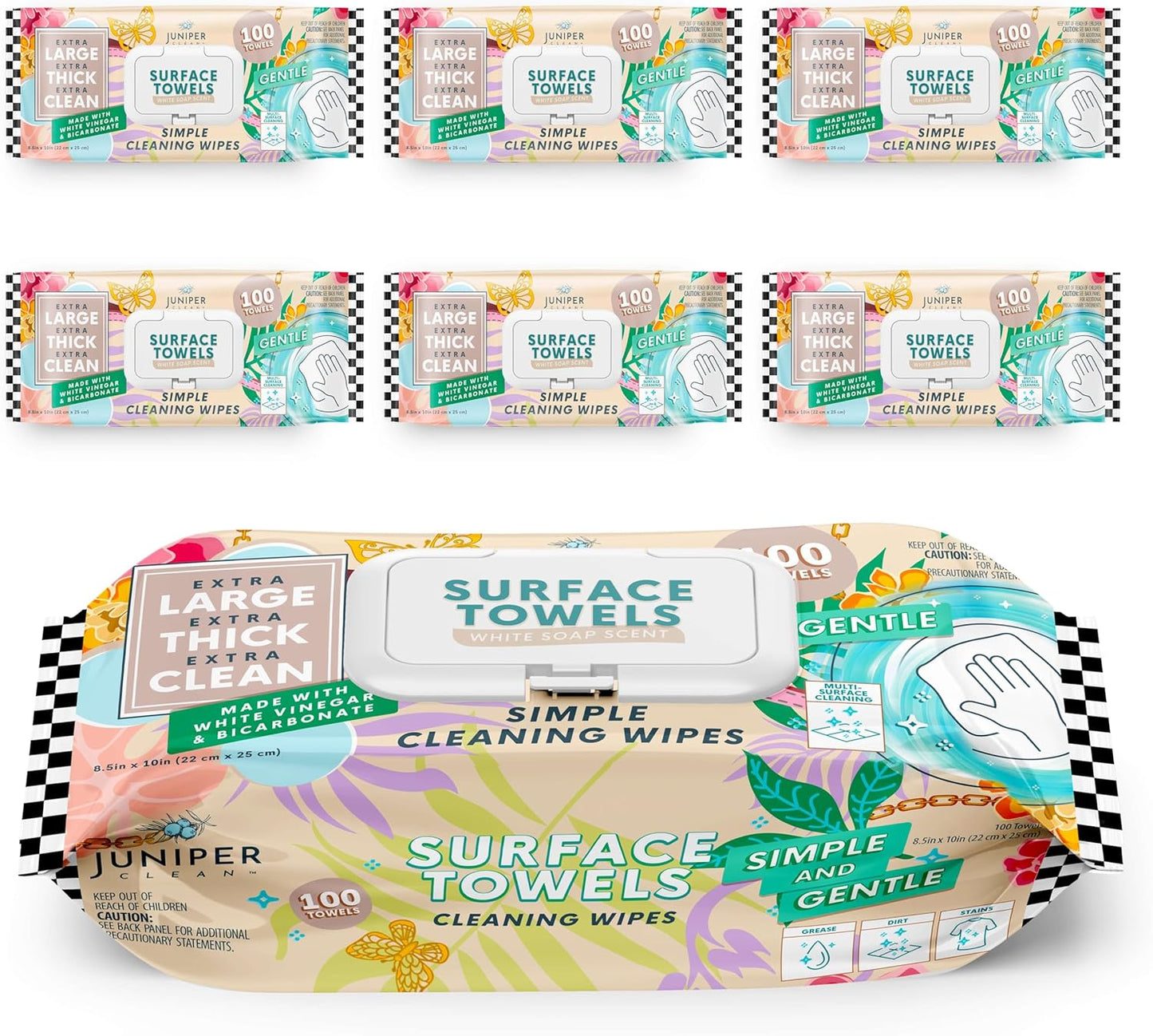 6 Packs Surface Cleaning Wipes, Thick & Large Dispose, All-Purpose Cleaner for Bathroom, Kitchen, Office, 600 Count Soft Flow, Biodegradable, White Soap Scent