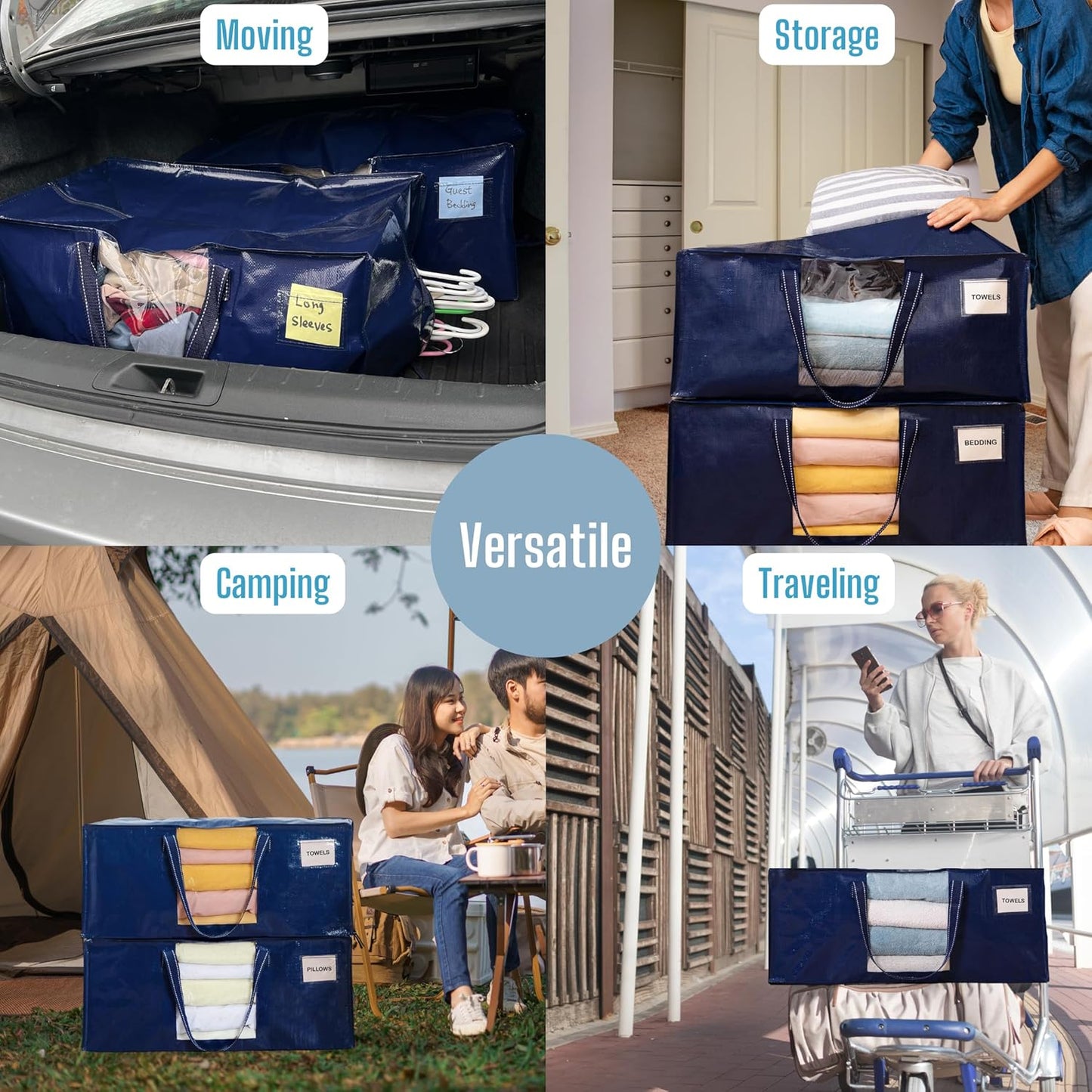 VENO 10 Pack Moving Bags Extra Large Storage Bags for College Move-In, Heavy-Duty Storage Totes, Packing Boxes, and Wardrobe Moving Supplies - Durable Laundry Bags for Clothes (Blue w/Window, 10 Pack)