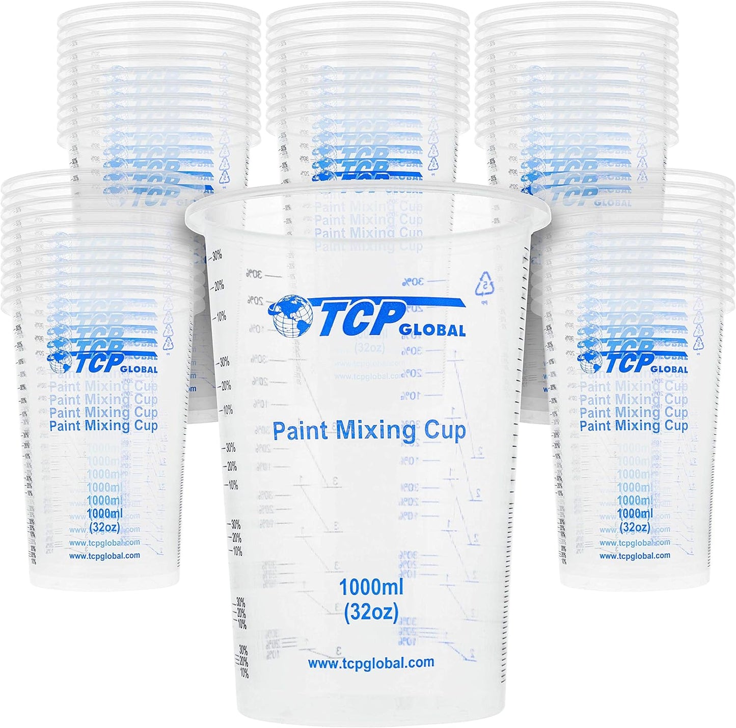 TCP Global 32 oz. (1000ml) Graduated Plastic Mixing Cups (Box of 50) - Disposable Plastic Measuring Cups for Liquids, Paints, Resin, Epoxy, Art, Kitchen - Ratios 2-1, 3-1, 4-1 ML