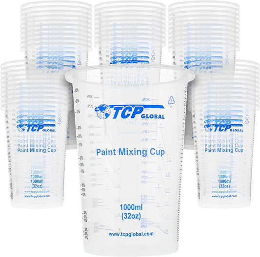 TCP Global 32 oz. (1000ml) Graduated Plastic Mixing Cups (Box of 50) - Disposable Plastic Measuring Cups for Liquids, Paints, Resin, Epoxy, Art, Kitchen - Ratios 2-1, 3-1, 4-1 ML