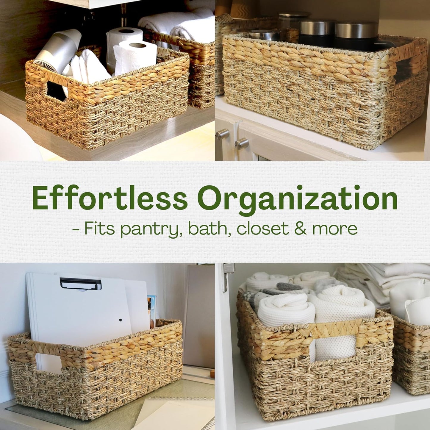 Medium Wicker Basket for Storage, Natural, Seagrass and Hyacinth Woven Baskets for Décor with Built-In Handles, Rectangular, Shelf Organizing for Bedroom, Pantry - Medium Size - 15.5x9.5x6.5 in