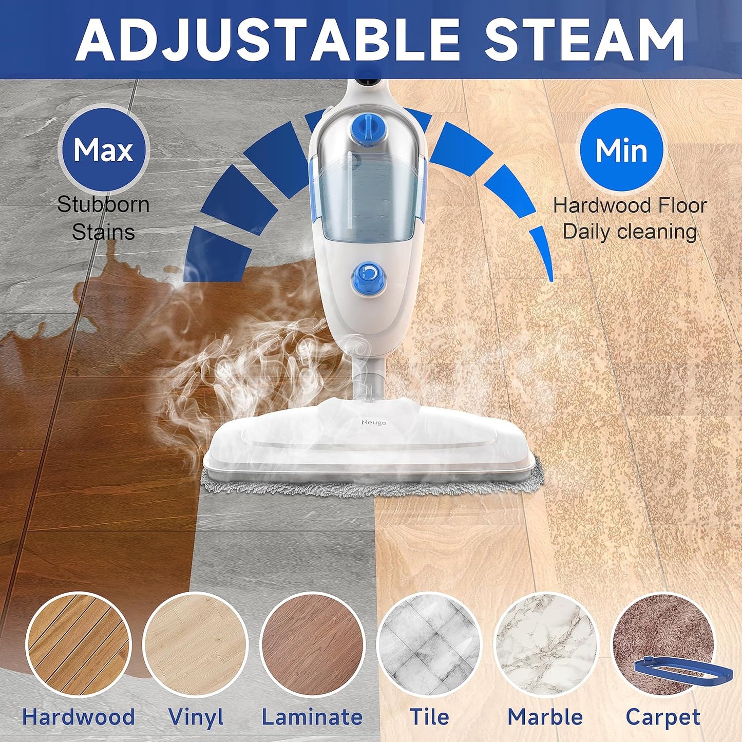 Steam Mop for Floor Cleaning, 10in1 Multi Purpose Handheld Steamer Cleaner Detachable for Vinyl, Laminate, Carpet, Tile Hard Floor Grout w/ 2 pad, 23ft Cord, 15oz Tank, Adjustable Steam & Height