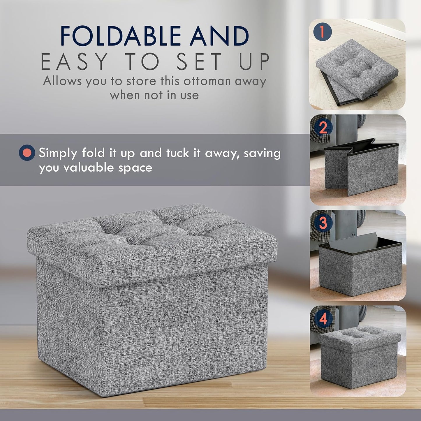 Ornavo Home Small Storage Ottoman, Set of 2, Foldable Collapsible Rectangle Linen Ottoman Foot Rest Stool Seat, for Living Room, Bedroom, Home Office, Dorm - 12 x 16 x 12, Gray