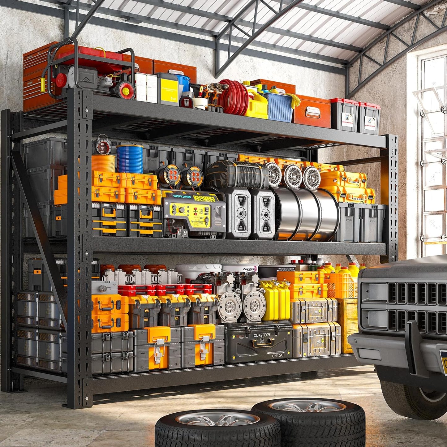 Bepatio 7050LBS Garage Shelving Heavy Duty 67.6W Storage Shelves Adjustable Metal Shelving 3 Tier Utility Shelf for Warehouse Basement Shop, Black 67.6''Wx23.7''Dx66''H