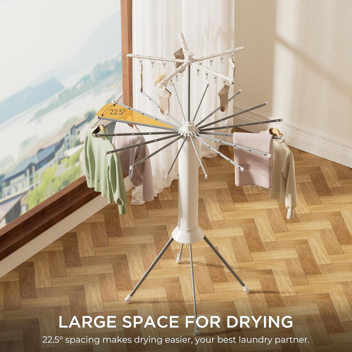 4-Legged Clothes Drying Rack, Portable Dryer Rack with 20 Clips, Outdoor Laundry Drying Rack with 4 Pulleys, Collapsible Drying Rack Clothing, Aluminum Hanging Dryer Rack for Clothes, Socks